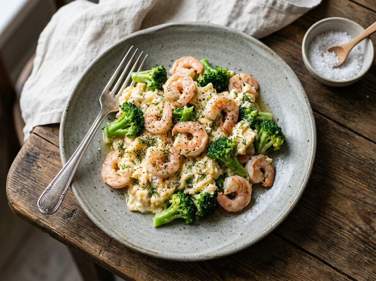 Скрамбл с креветками и брокколи photo