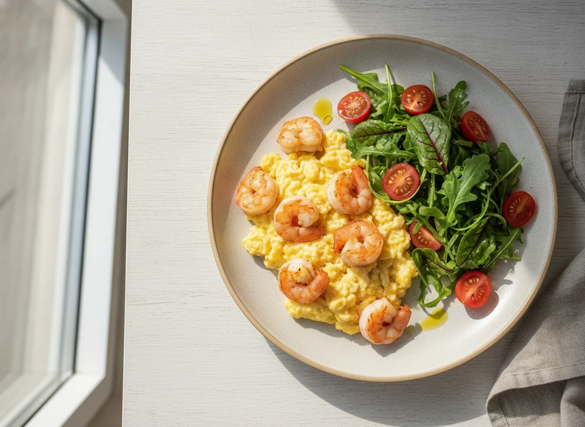 Скрембл с креветками и свежим салатом photo