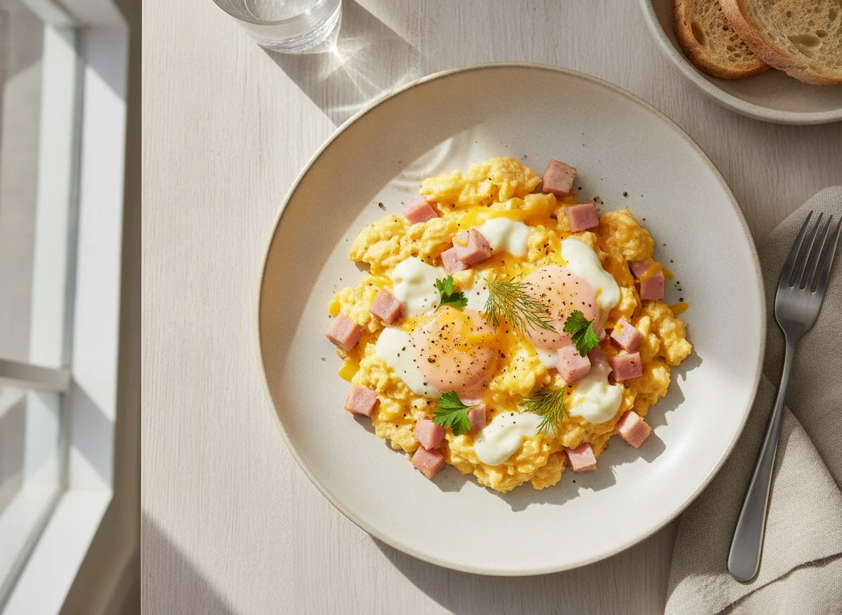 Скрэмбл с ветчиной из курицы и индейки, сыром чеддер и сыром моцарелла photo