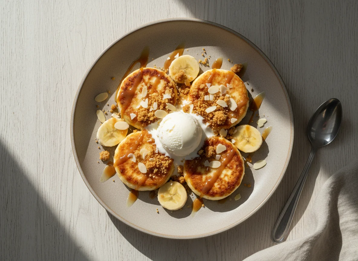 Сладкие сырники с бананом и песочным крамблом photo