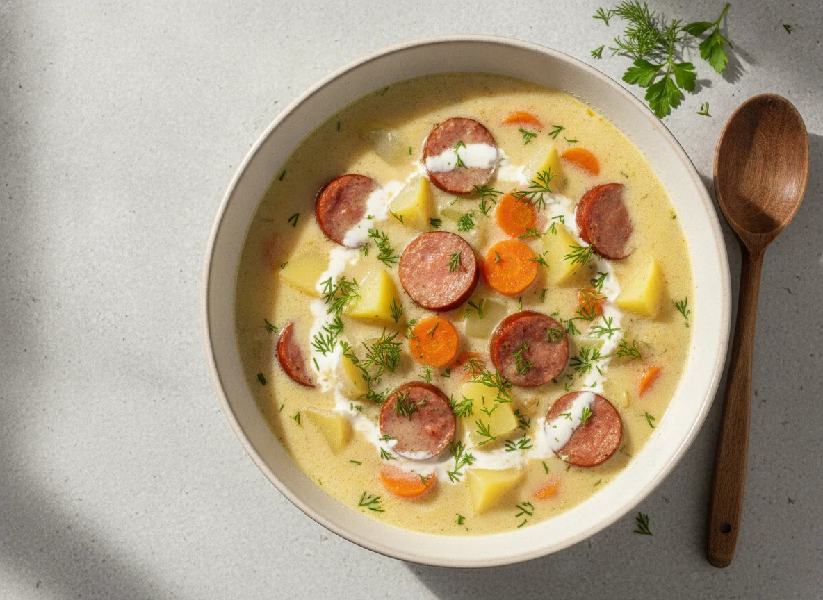 Сливочный суп с колбасой и овощами photo