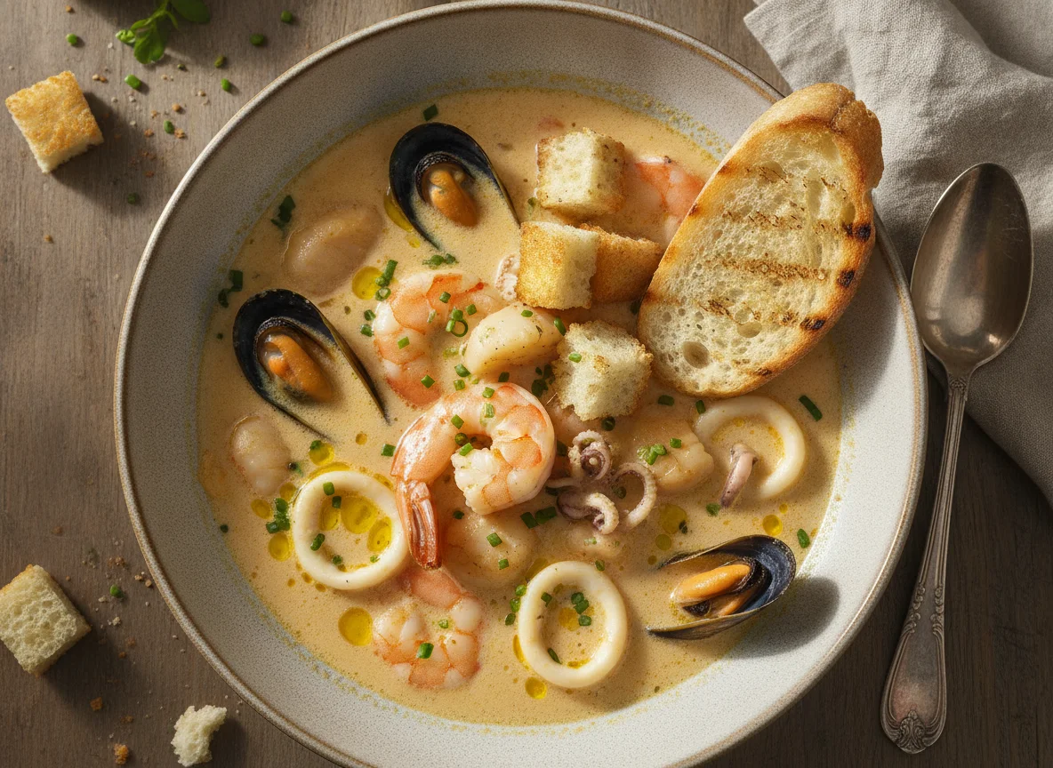 Сливочный суп с морепродуктами и гренками photo