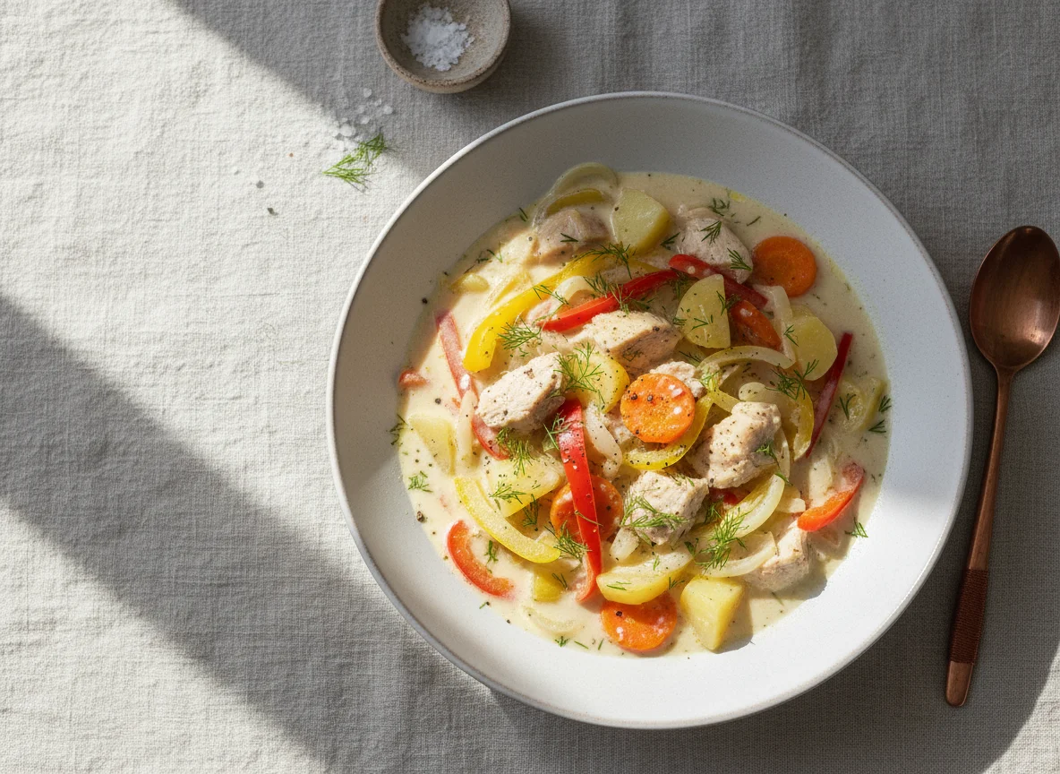 Сливочный суп с овощами и курицей photo