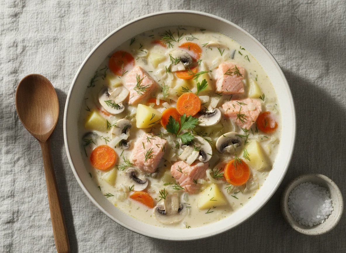 Сливочный суп с рыбой и овощами photo