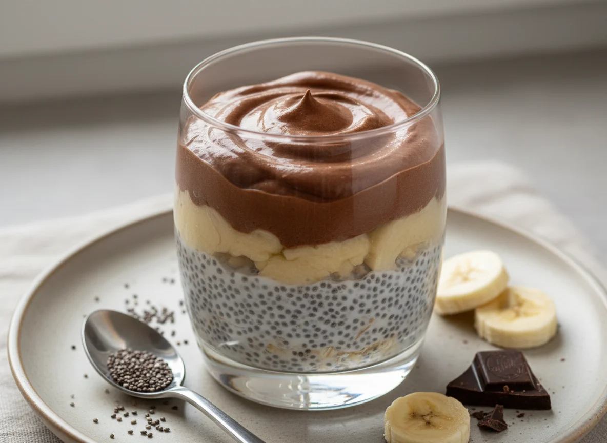 Слоеный десерт с чиа, бананом и шоколадным муссом photo