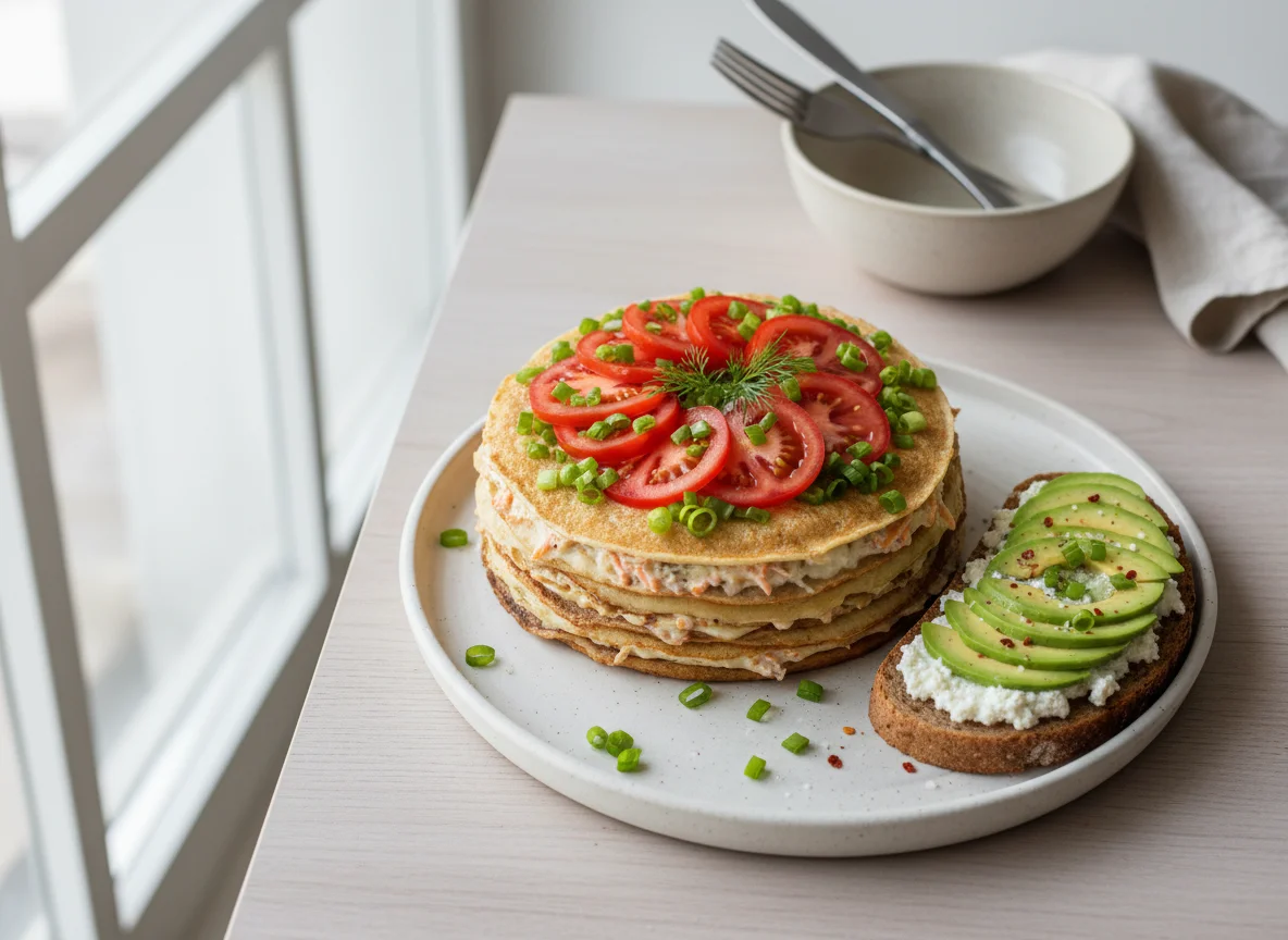 Слоеный печеночный торт и тост с авокадо и творогом photo