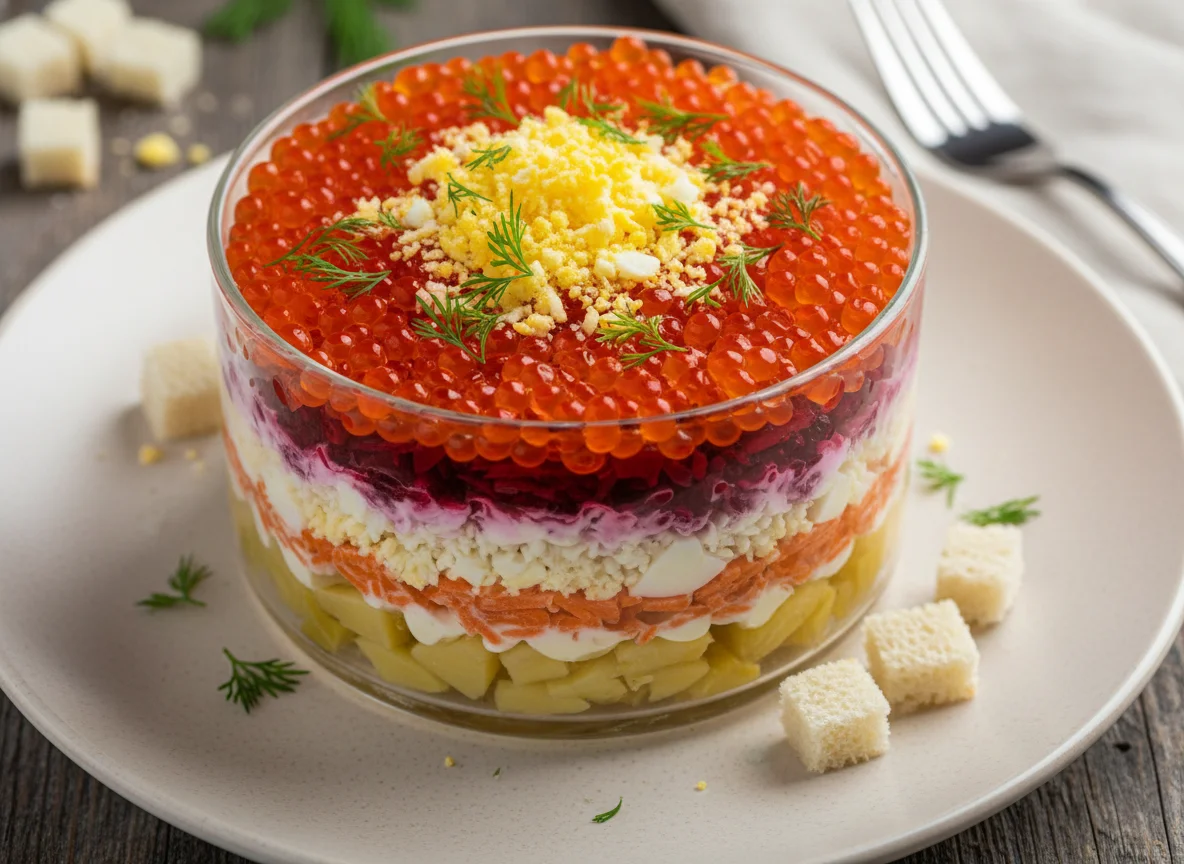 Слоеный салат с красной икрой photo