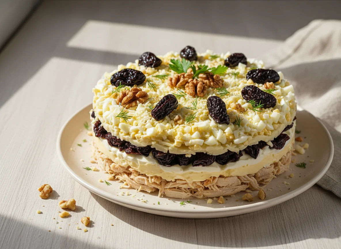 Слоеный салат с курицей и черносливом photo