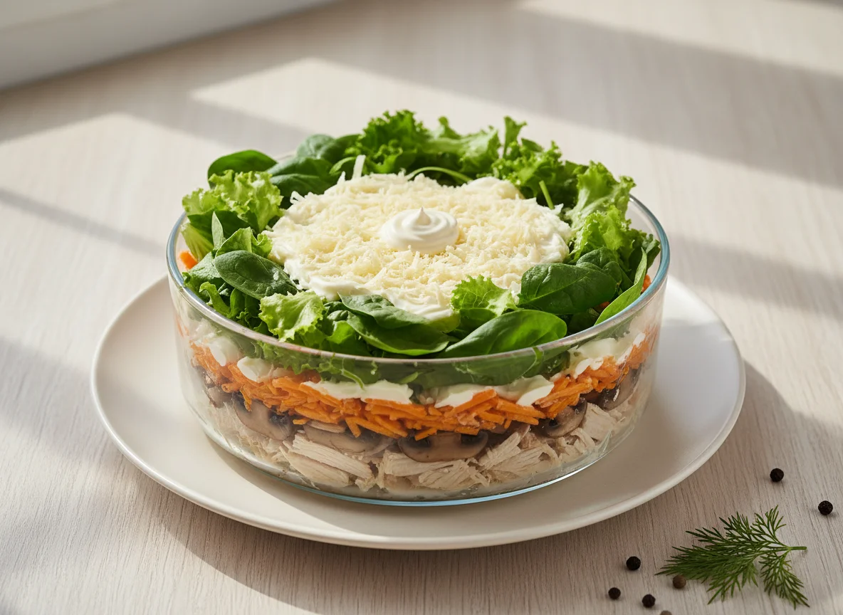 Слоеный салат с курицей и грибами photo