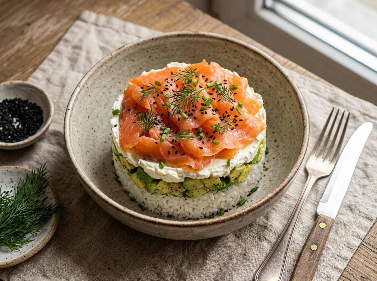 Слоеный салат с лососем и авокадо photo