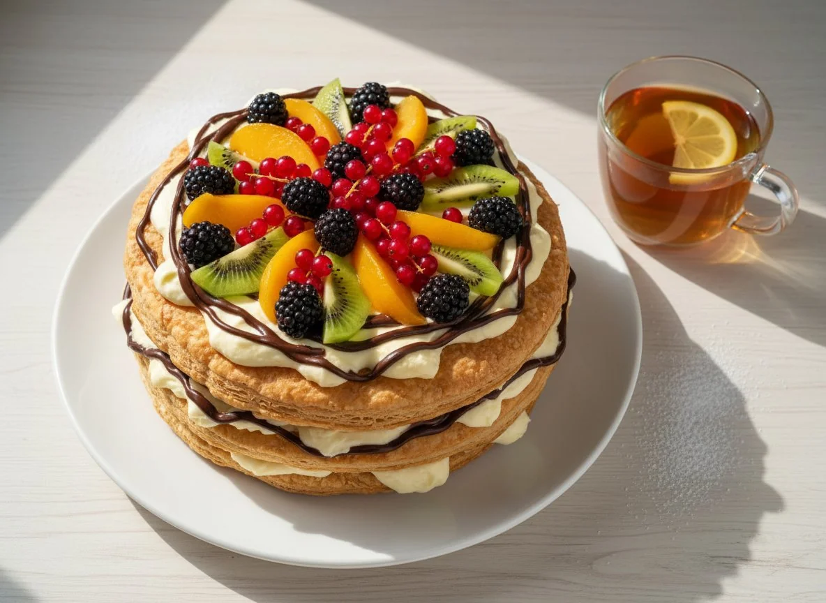 Слоеный торт с фруктами и ягодами photo