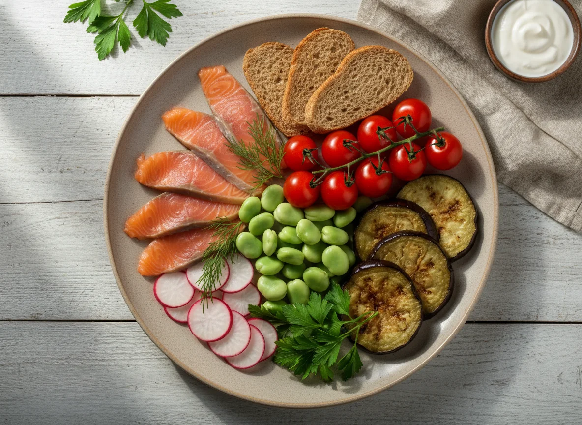 Смешанная тарелка с лососем и овощами photo