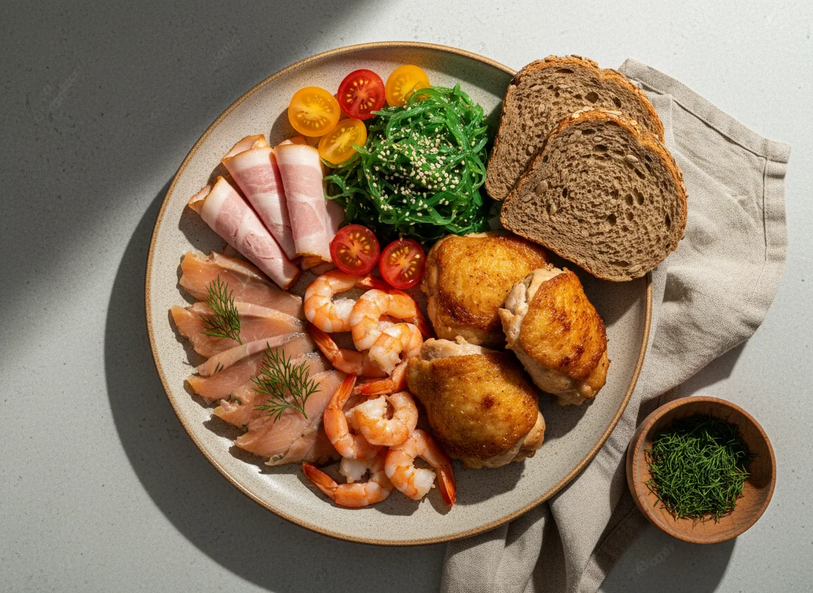 Смешанная тарелка с мясом, рыбой и овощами photo