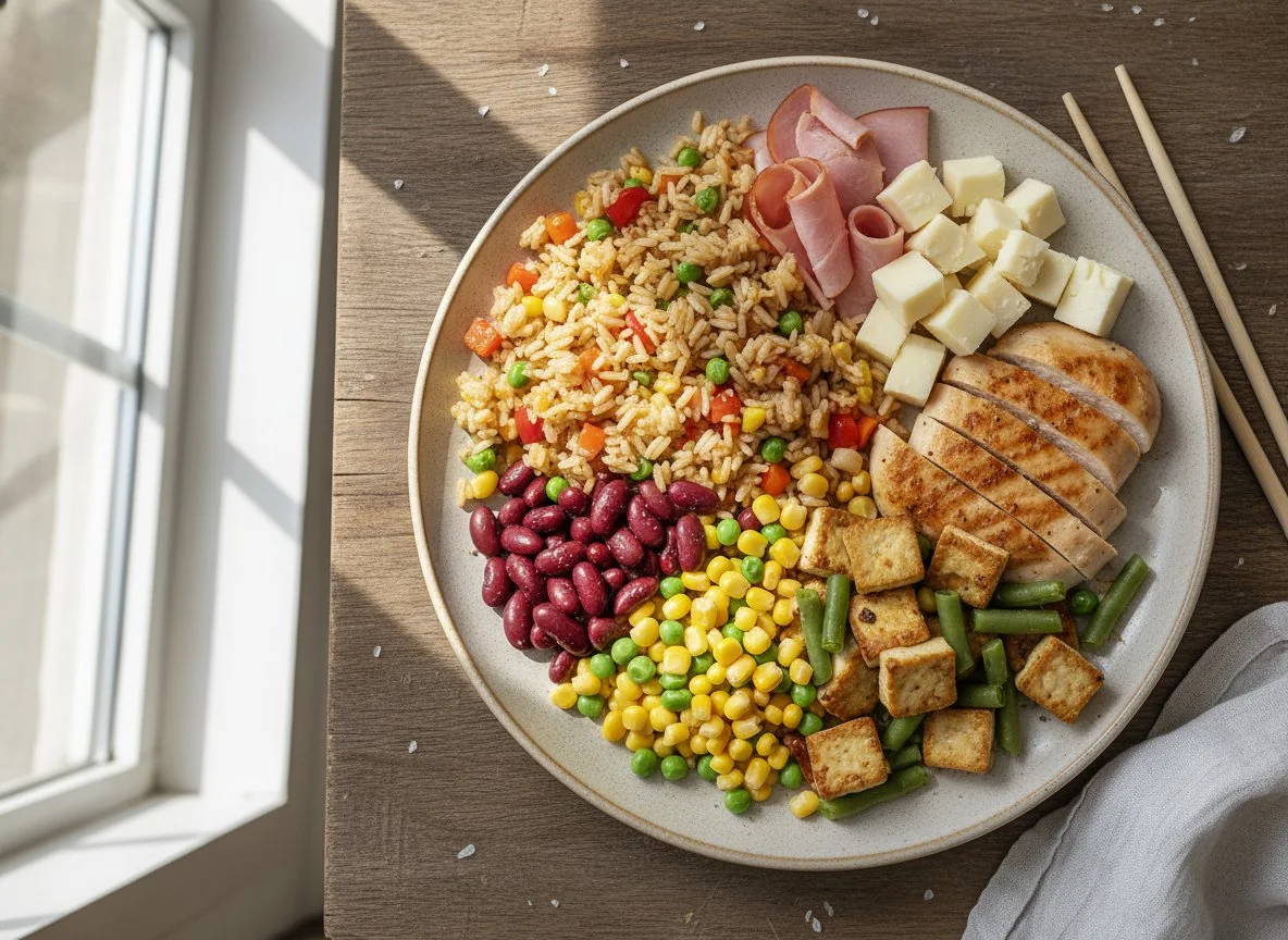 Смешанная тарелка с рисом и мясом photo