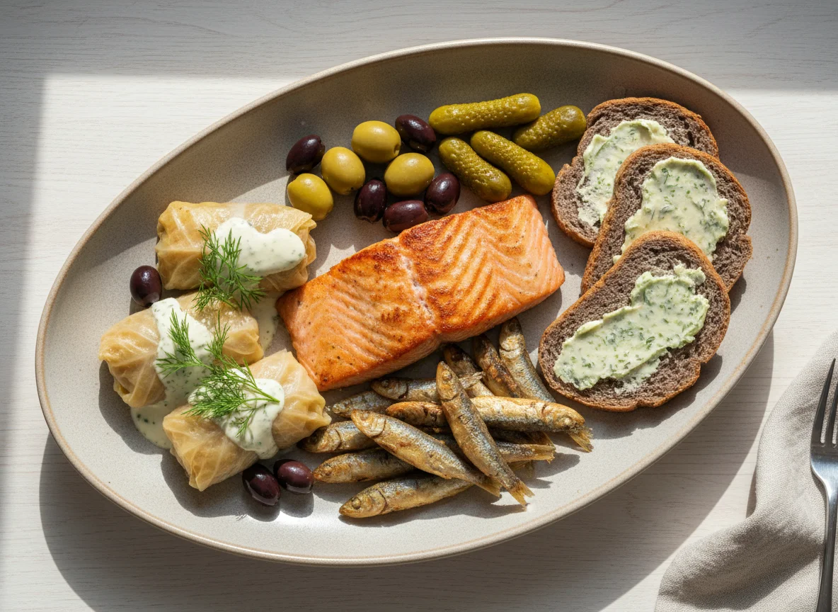 Смешанная тарелка с рыбой, хлебом и овощами photo