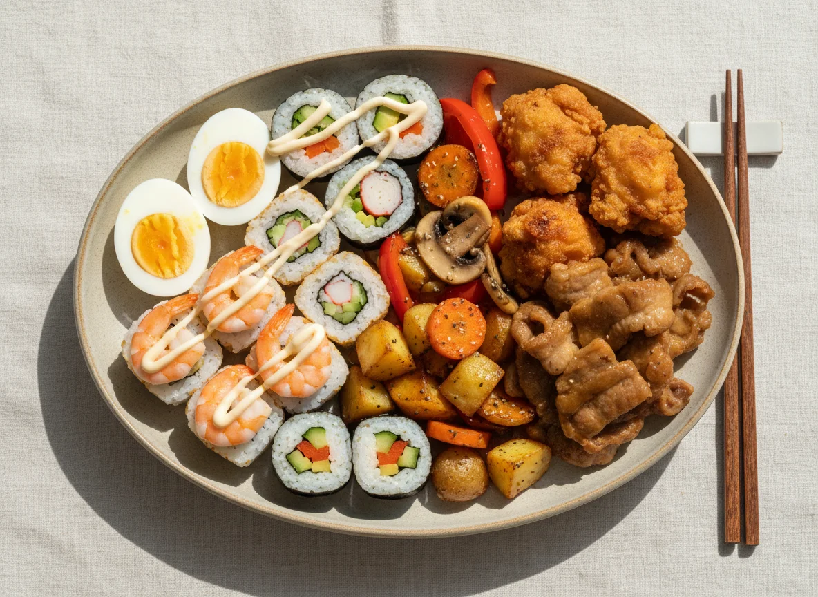 Смешанная тарелка с суши, яйцами и овощами photo