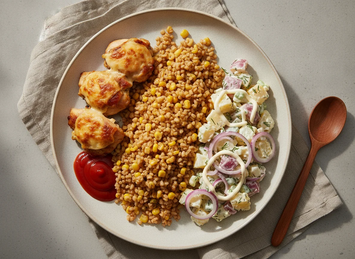 Смешанное блюдо с булгуром, запеченной курицей и картофельным салатом photo
