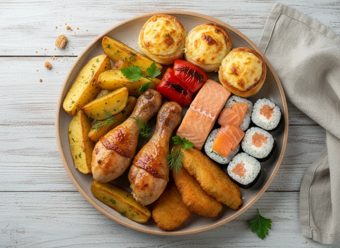 Смешанное блюдо с курицей, картофелем и роллами photo