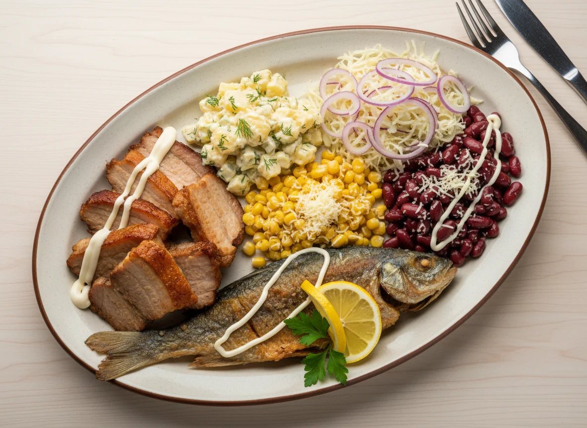 Смешанное блюдо с мясом и салатами photo