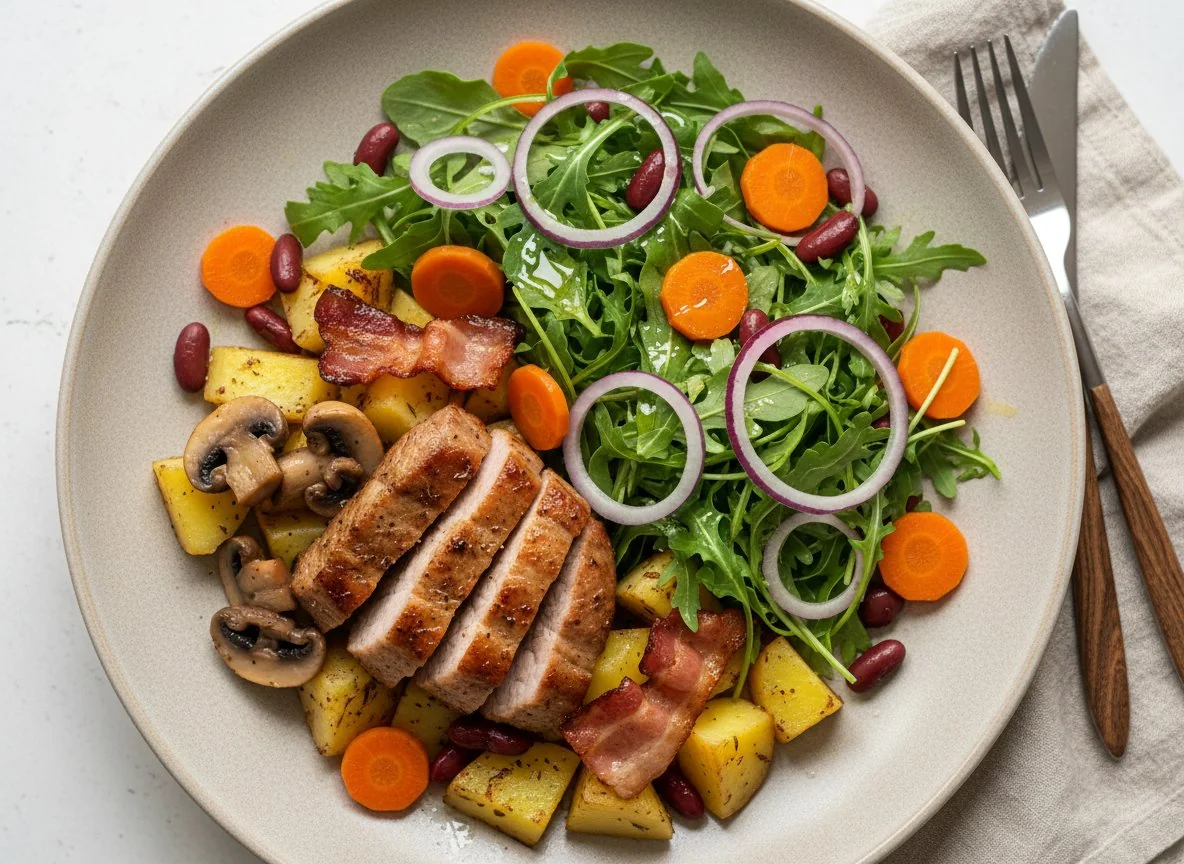 Смешанное блюдо с мясом, картофелем и салатом photo