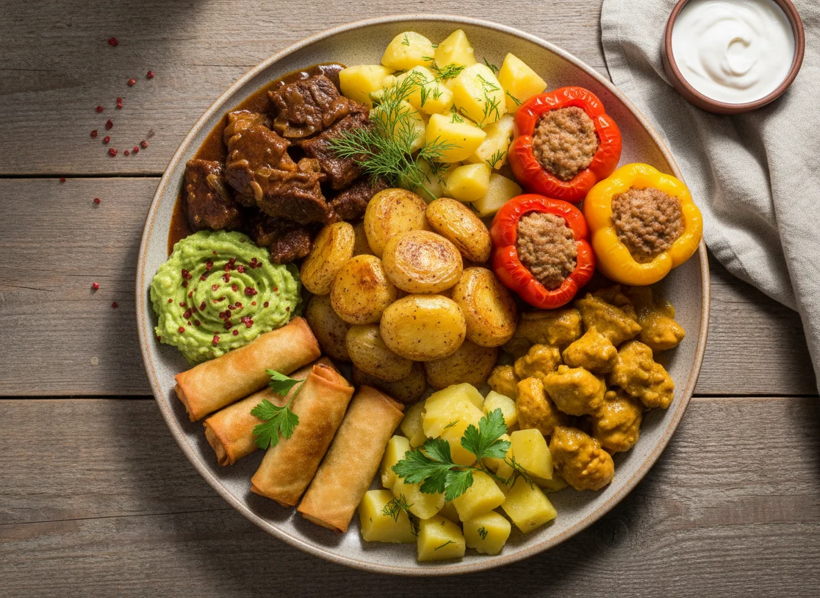 Смешанное блюдо с мясом, картофелем и закусками photo