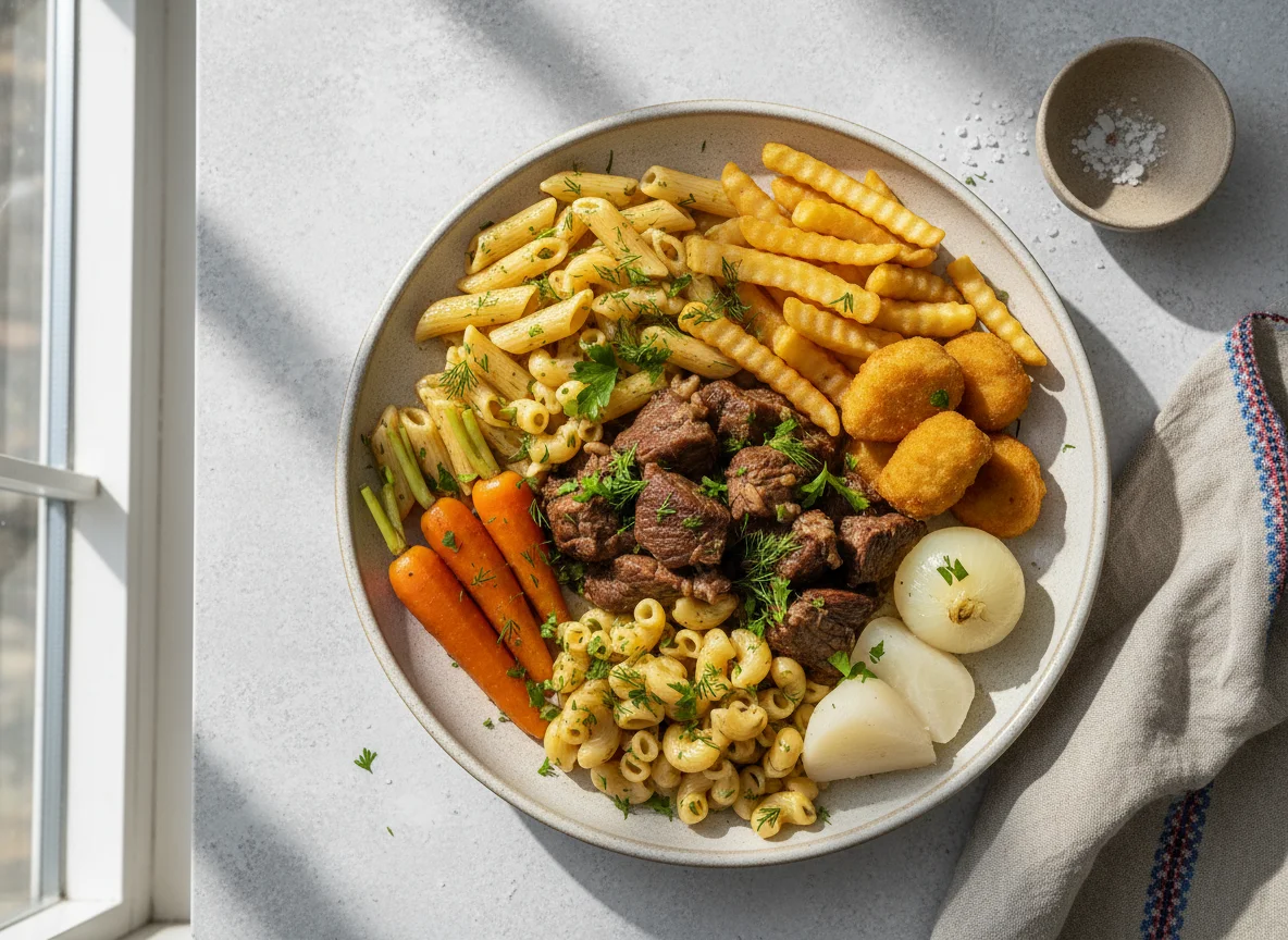 Смешанное блюдо с мясом, пастой и картофелем фри photo