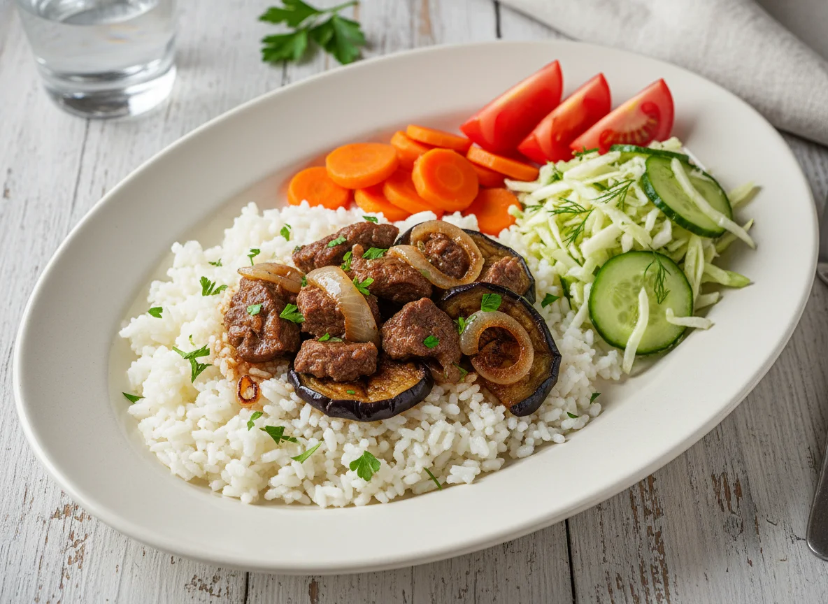 Смешанное блюдо с рисом, мясом и овощами photo