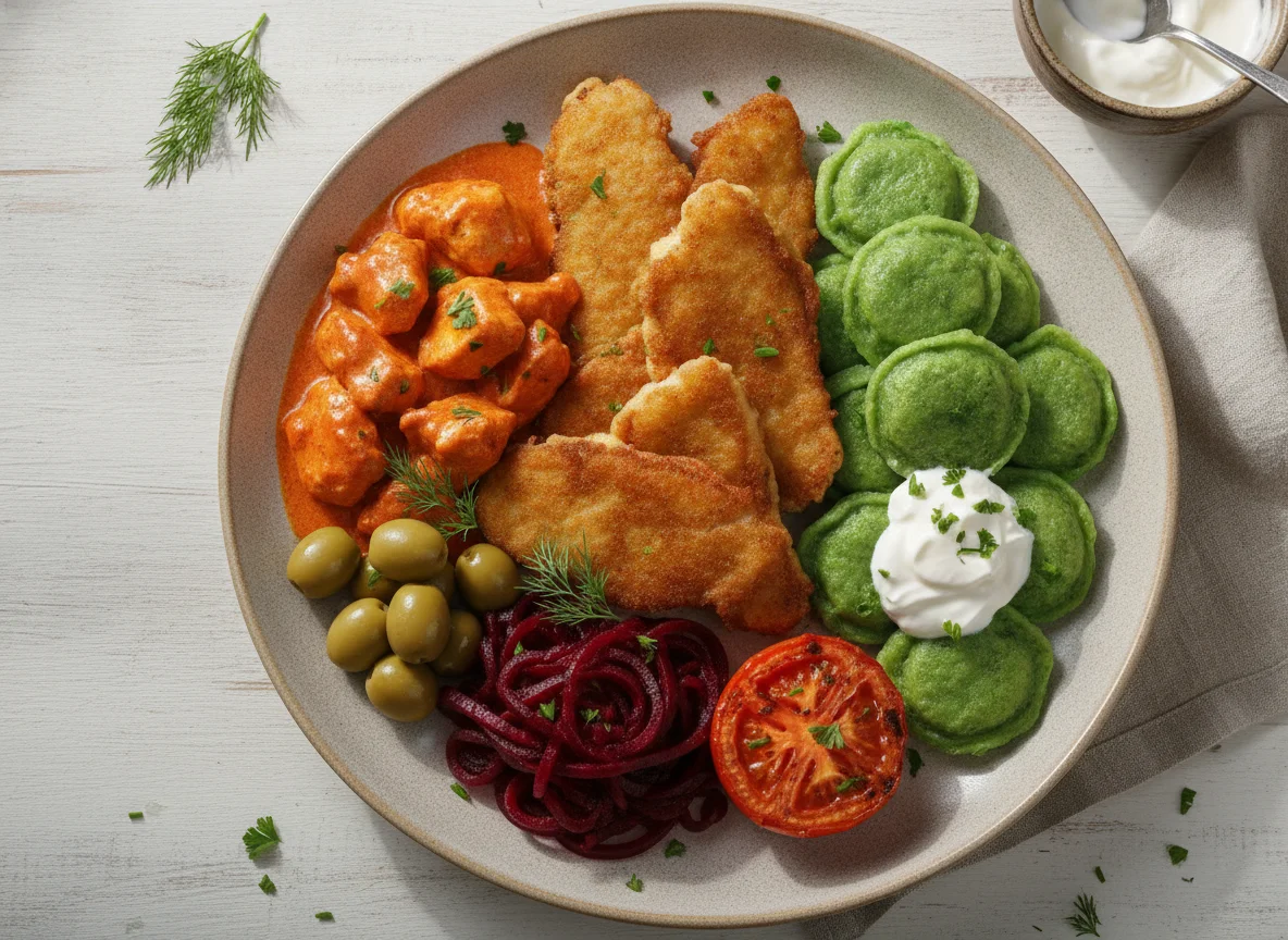 Смешанное блюдо с жареной рыбой и гарнирами photo