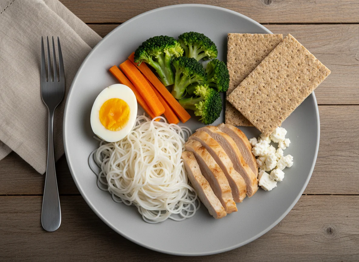 Смешанный обед с яйцом, овощами и хлебцами photo