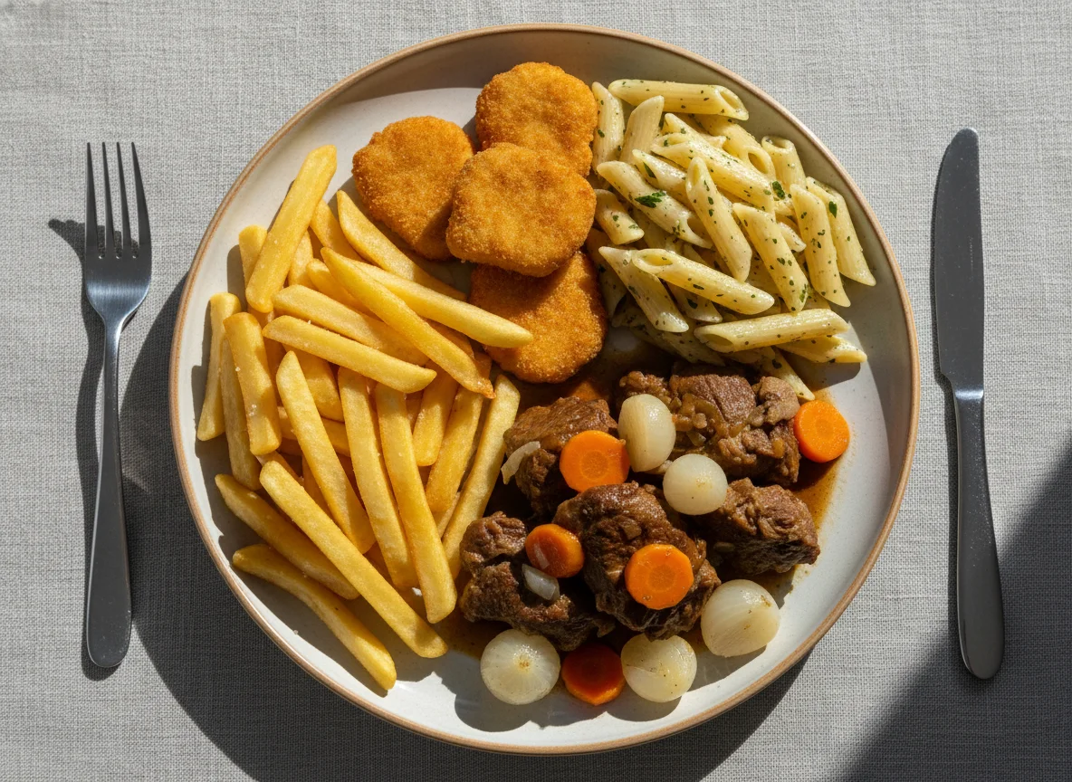 Смешанный обед с бараниной и картофелем фри photo