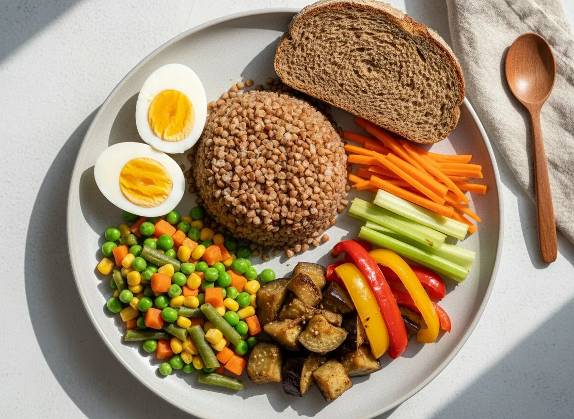 Смешанный обед с гречкой, яйцами и овощами photo