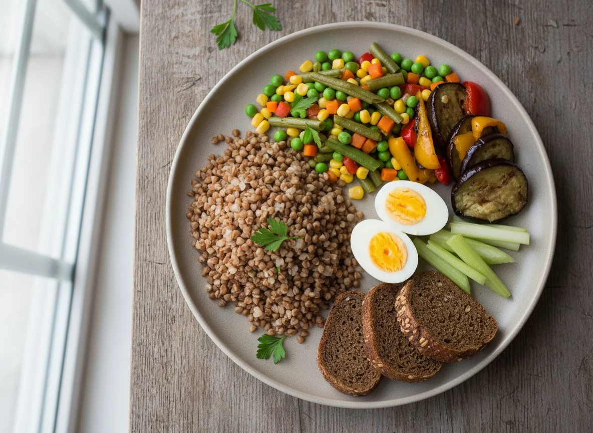 Смешанный обед с гречкой и овощами photo