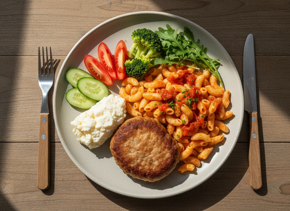 Смешанный обед с котлетой, макаронами и овощами photo