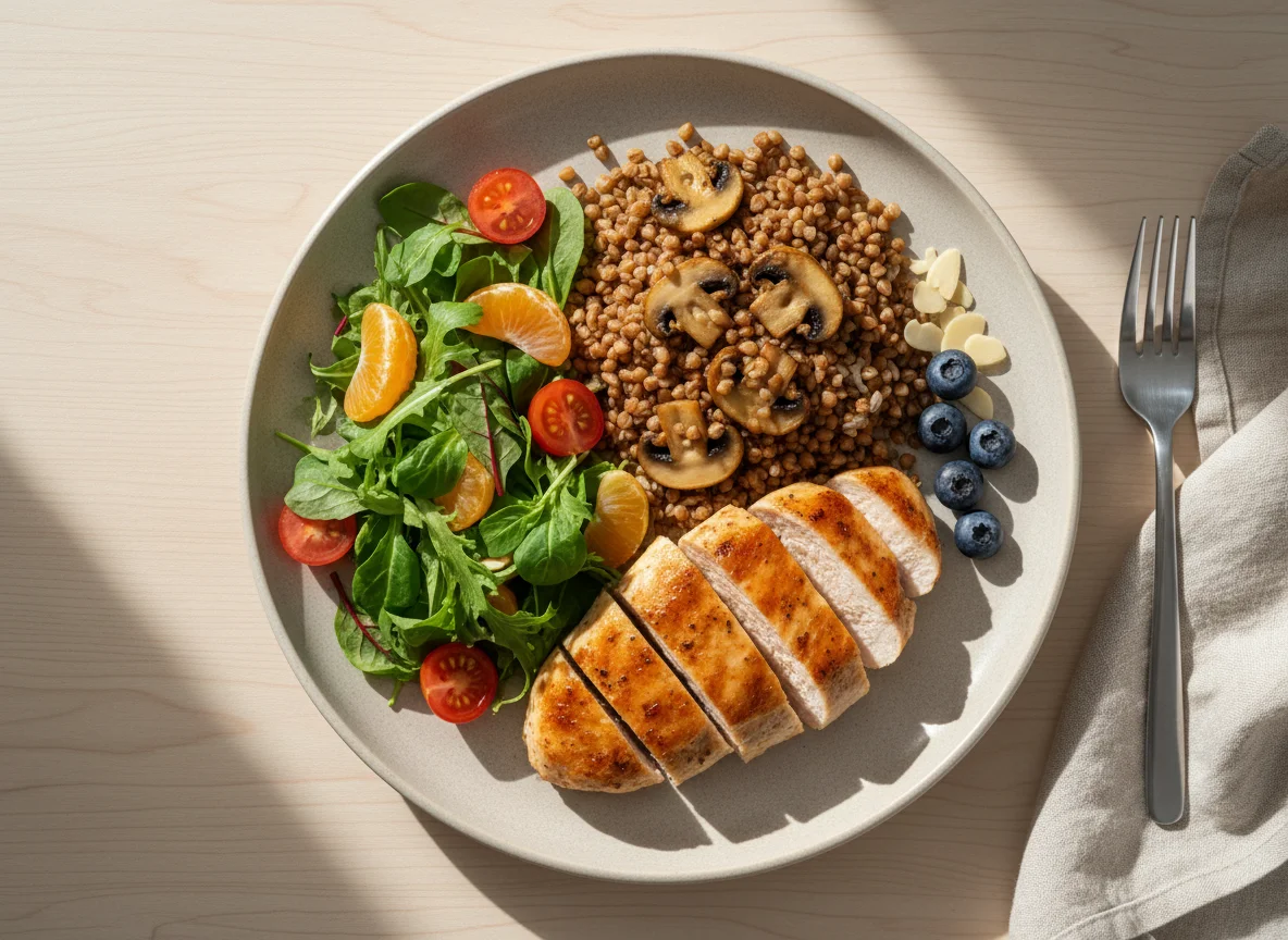 Смешанный обед с курицей, гречкой, салатом и ягодами photo