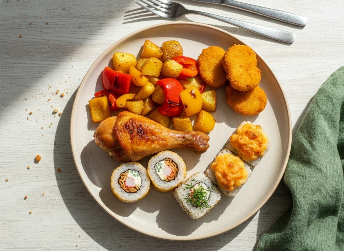 Смешанный обед с курицей, картофелем и роллами photo