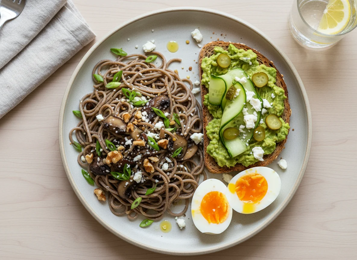 Смешанный обед с лапшой соба и тостом с гуакамоле photo