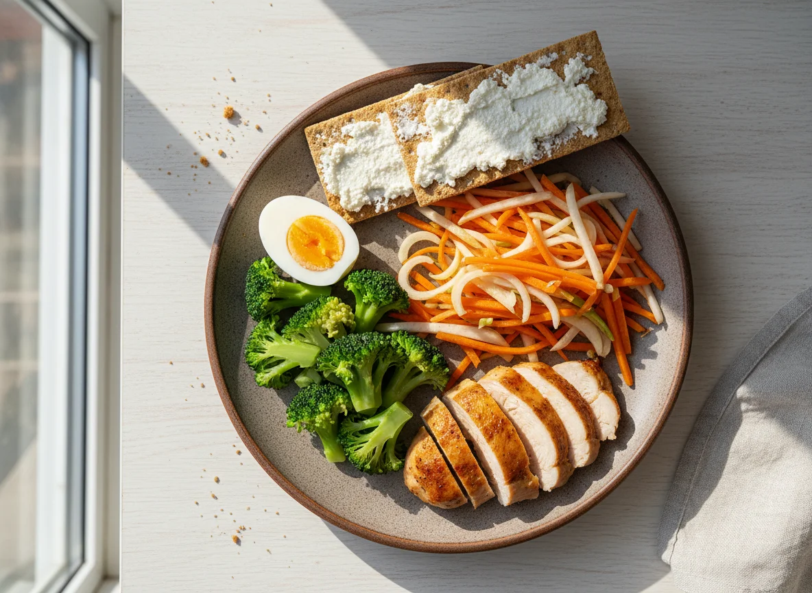 Смешанный обед с овощами, яйцом и хлебцами photo