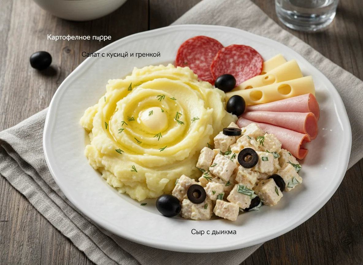 Смешанный обед с пюре и мясной нарезкой photo
