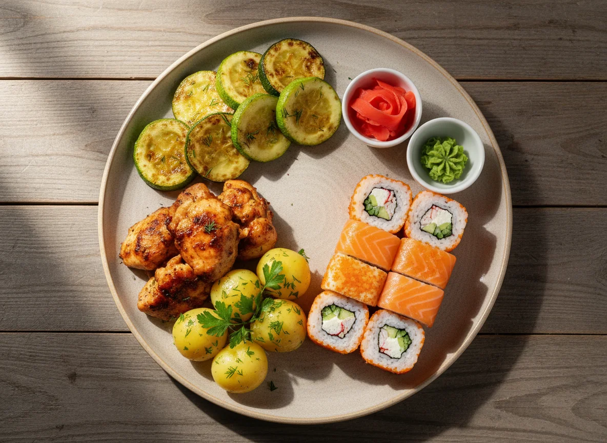 Смешанный обед с роллами, мясом и овощами photo