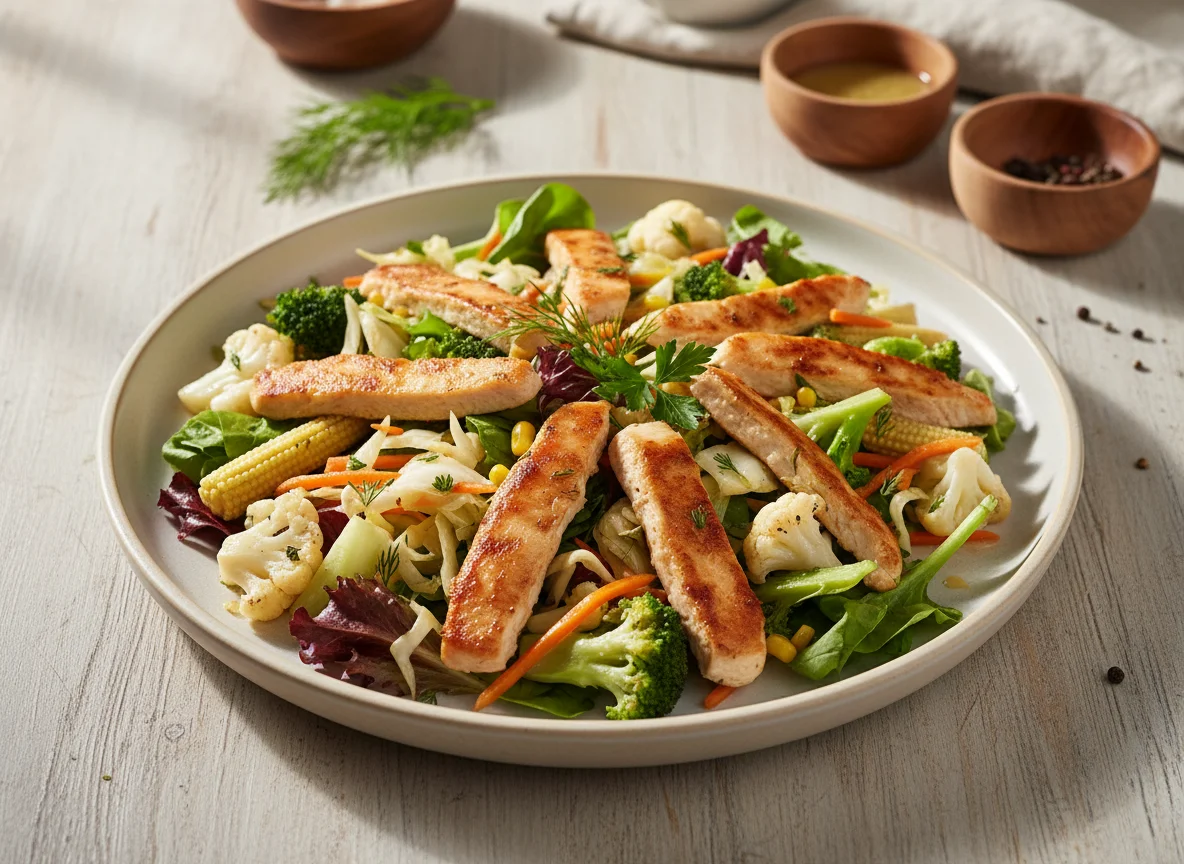 Смешанный салат с курицей и овощами photo