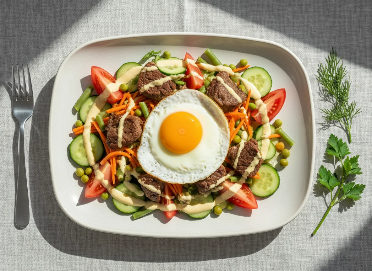 Смешанный салат с мясом и яичницей photo