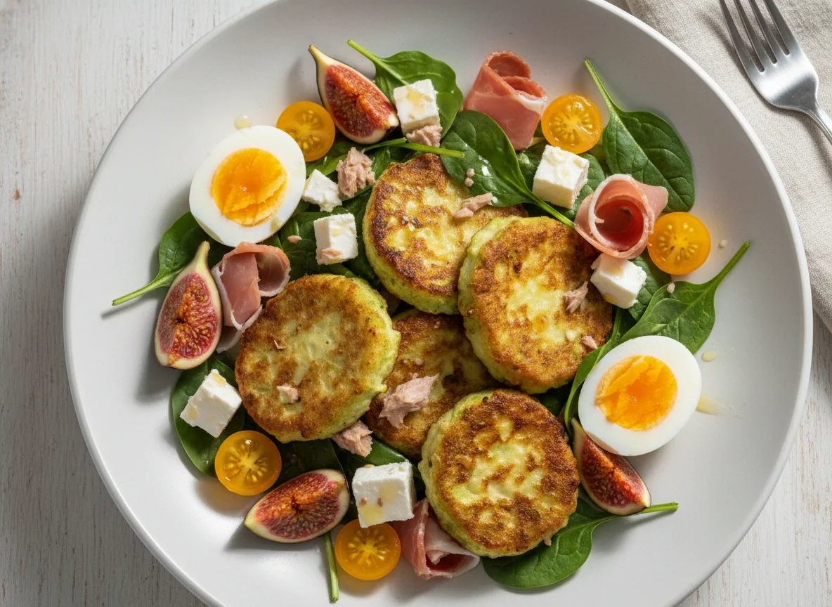 Смешанный салат с оладьями и яйцами photo