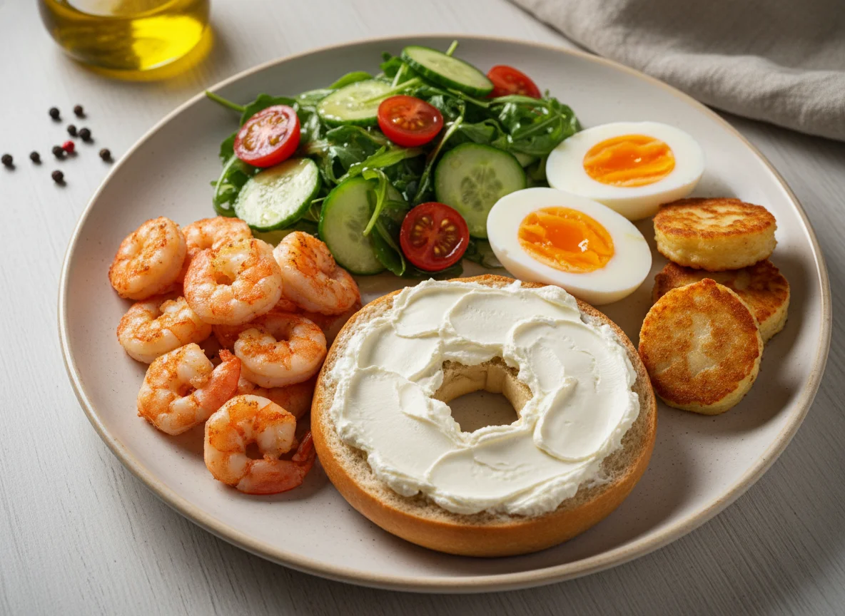 Смешанный завтрак с бейглом, яйцами, креветками и салатом photo