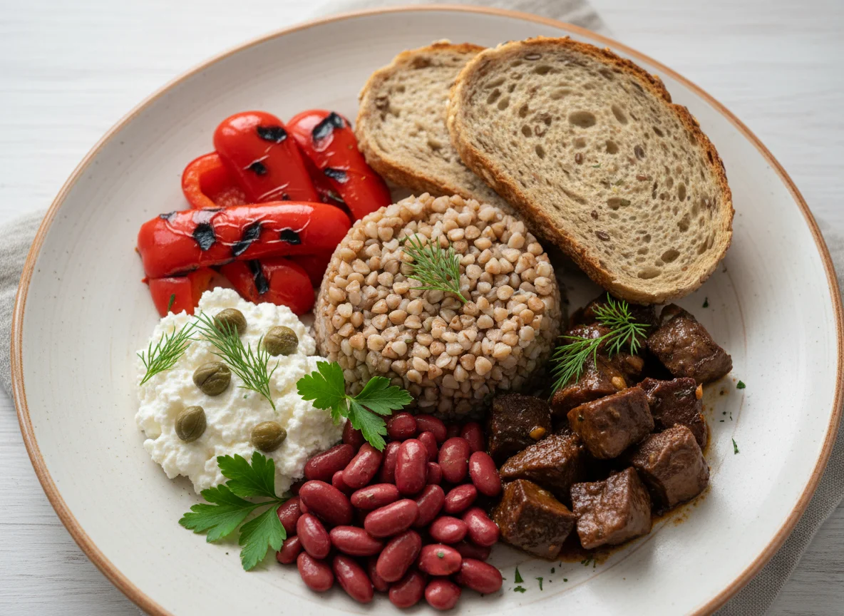 Смешанный завтрак с гречкой и овощами photo