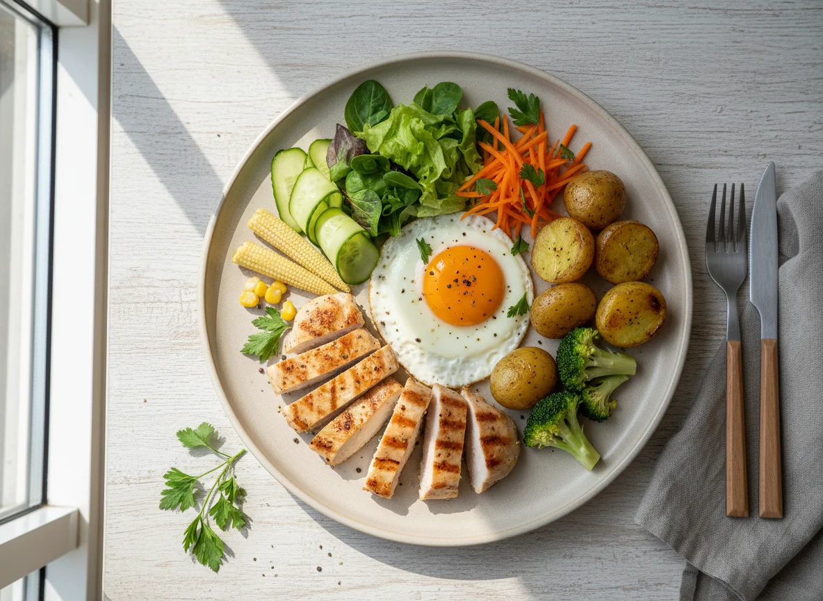 Смешанный завтрак с курицей и овощами photo