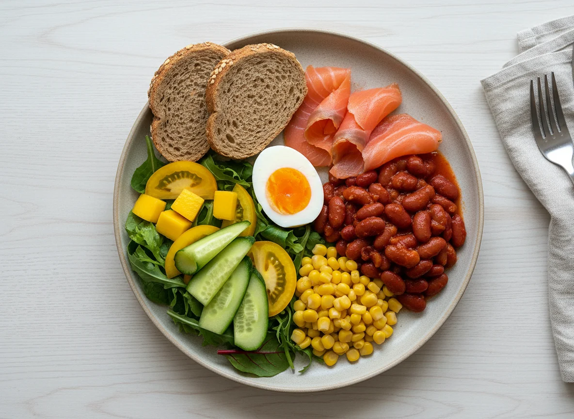 Смешанный завтрак с лососем и бобами photo