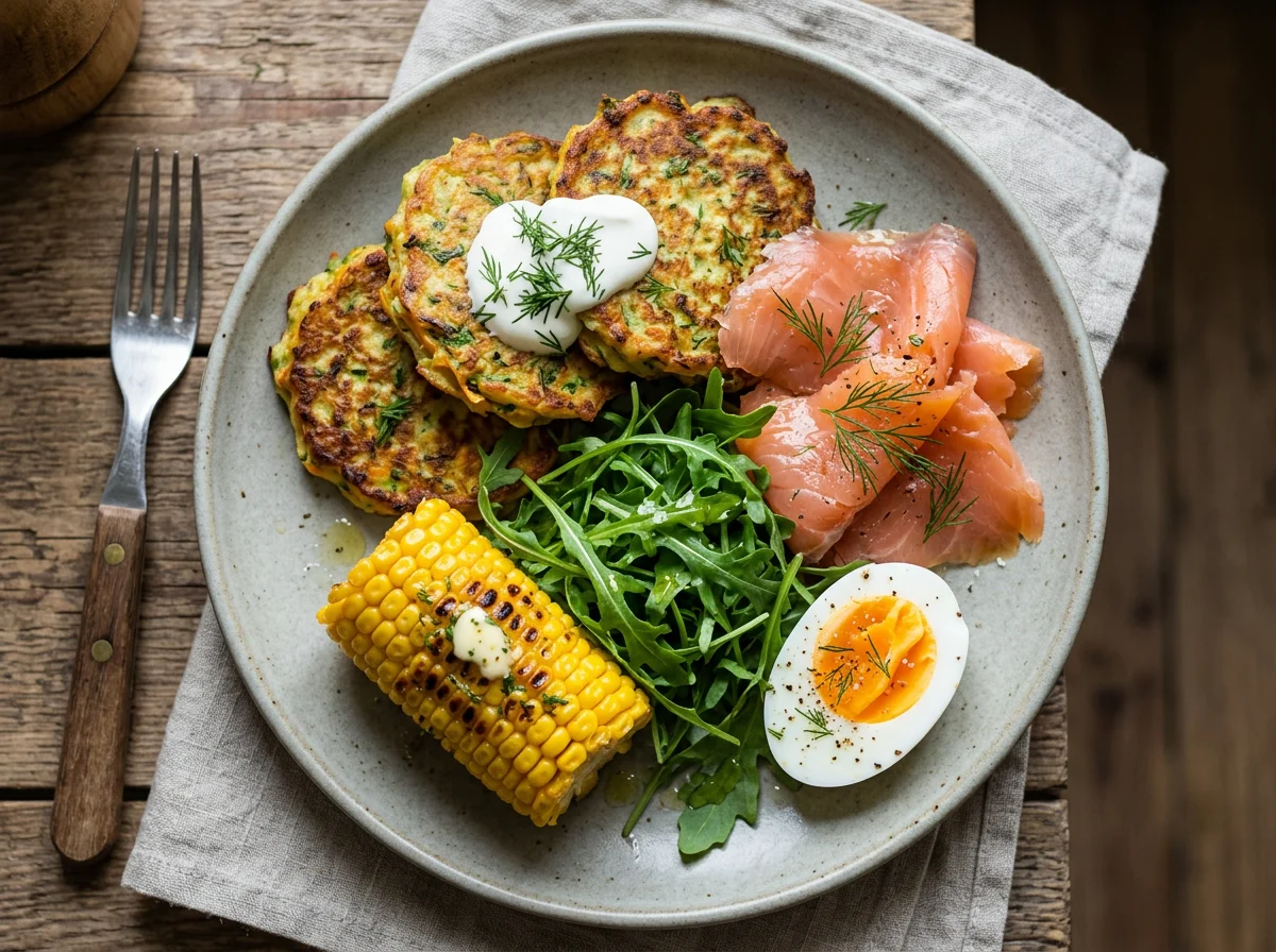 Смешанный завтрак с лососем и овощными оладьями photo