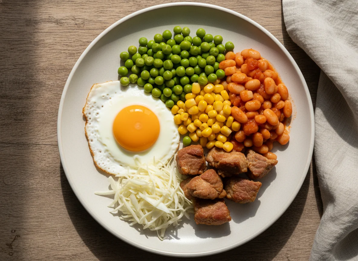 Смешанный завтрак с мясом и овощами photo