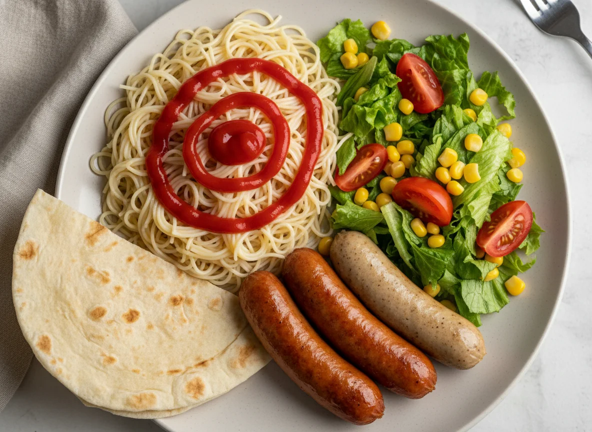 Смешанный завтрак с сосисками, пастой и салатом photo