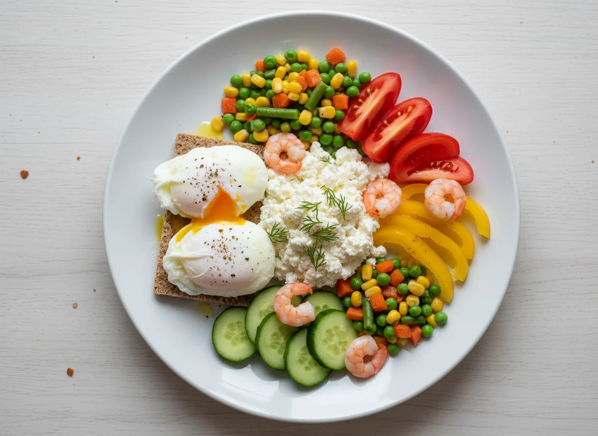 Смешанный завтрак с творогом и овощами photo